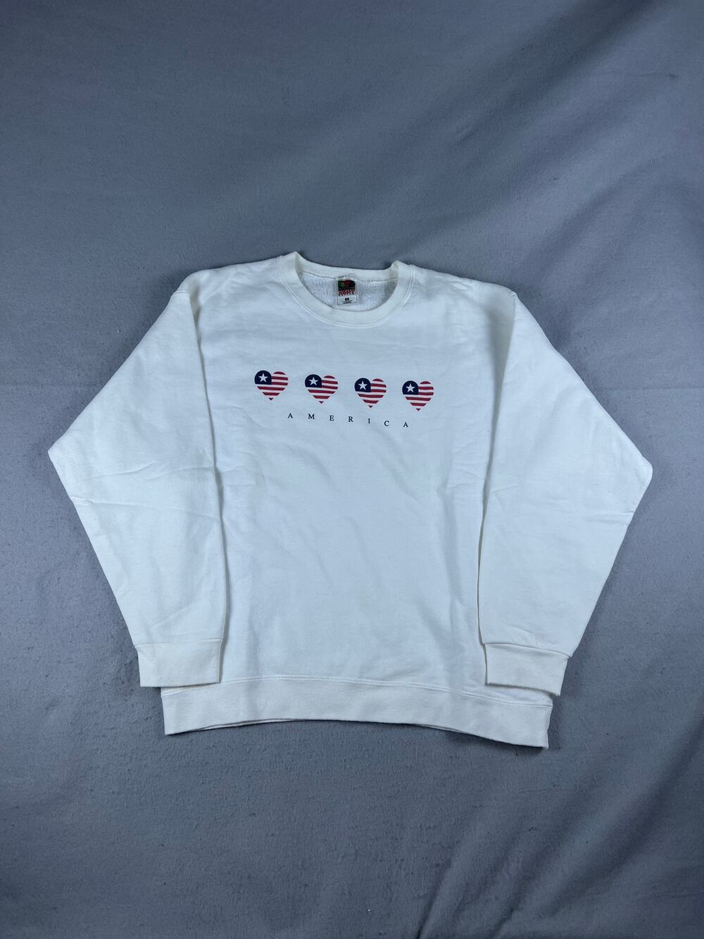 Vintage America Flag Sweatshirt Men M White Heart Star Stripes Preshrunk Fleece